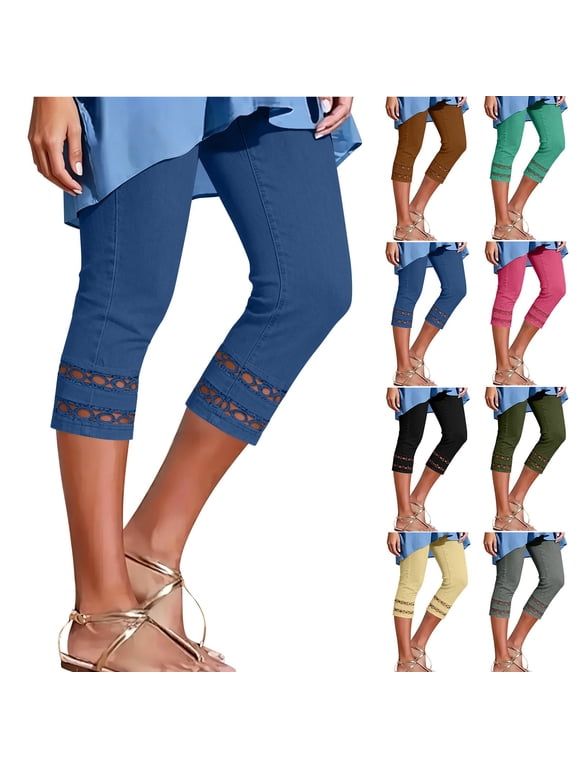 Women's Skinny Fit Capri Pants with Pockets Summer Casual Cropped Leggings Cuffed Lace Hem