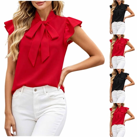 Noric Women's Sleeveless Bow Tie Tank Tops Flutter Sleeve Casual Summer Tops Lightweight Fashion Work Office Blouse