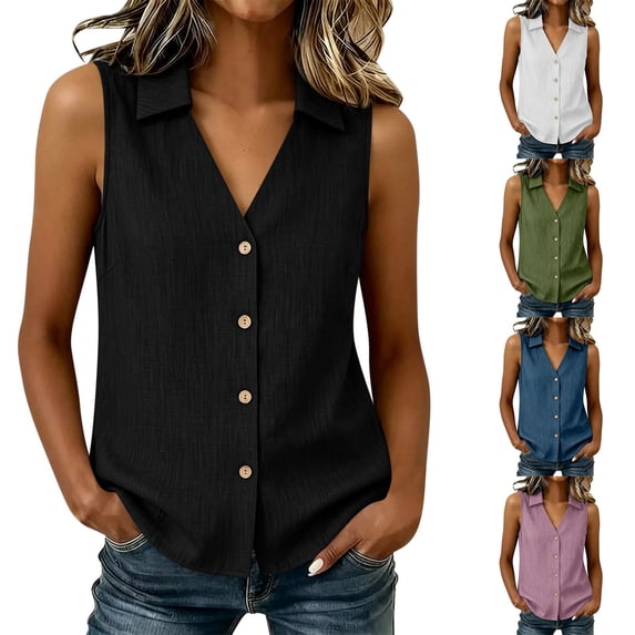 Noric Women's Sleeveless Button Down Tops Collared Casual Summer Blouse Loose Fit V Neck Office Basic Tank Tops