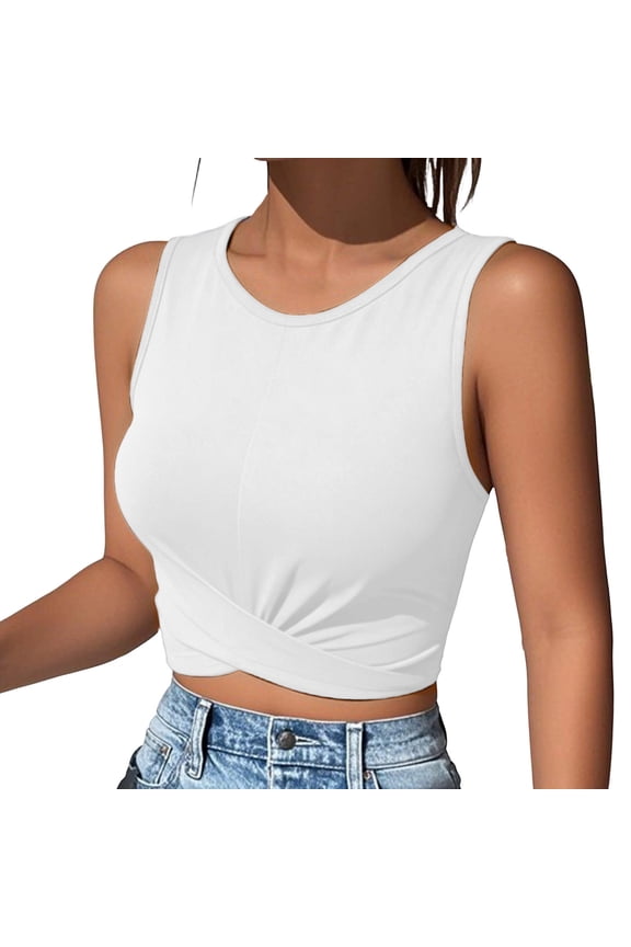 Women's Sleeveless Crop Tank Tops Crew Neck Summer Casual Slim Fit Front Twist Short Length Casual Camisole