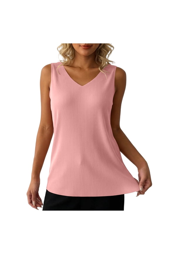 Women's Sleeveless V-Neck Tank Top Ribbed Casual Vest Wide Shoulder Layering Cami Basic Top Trendy Textured Summer Work Blouse