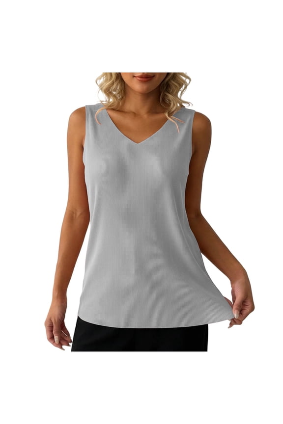 Women's Sleeveless V-Neck Tank Top Ribbed Casual Vest Wide Shoulder Layering Cami Basic Top Trendy Textured Summer Work Blouse
