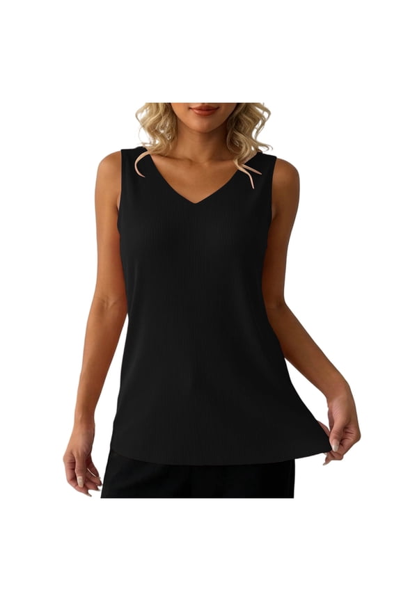 Women's Sleeveless V-Neck Tank Top Ribbed Casual Vest Wide Shoulder Layering Cami Basic Top Trendy Textured Summer Work Blouse