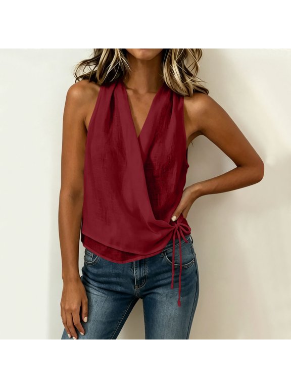 Women's Sleeveless V-Neck Tank Tops Cotton Linen Summer Casual Tie Front Beach Vacation Blouse