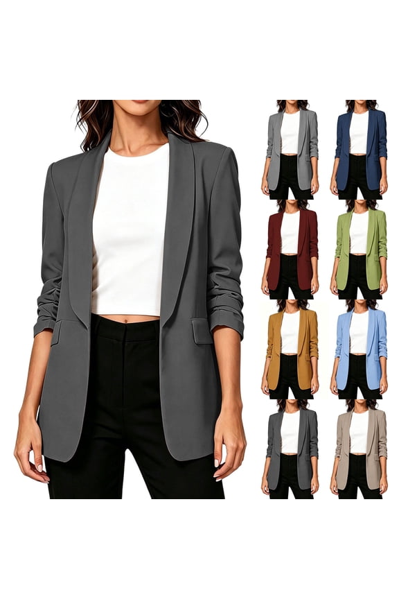 Women's Solid Color Open Front Blazer Notched Collar Business Casual Longline Jacket Office Outwear with Pockets