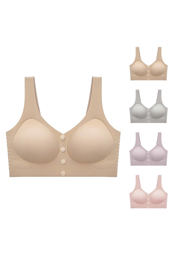 Women's Solid Seamless Wireless Front Button Bra Wide Fixed Shoulder Straps Lift Support Comfort Bustier