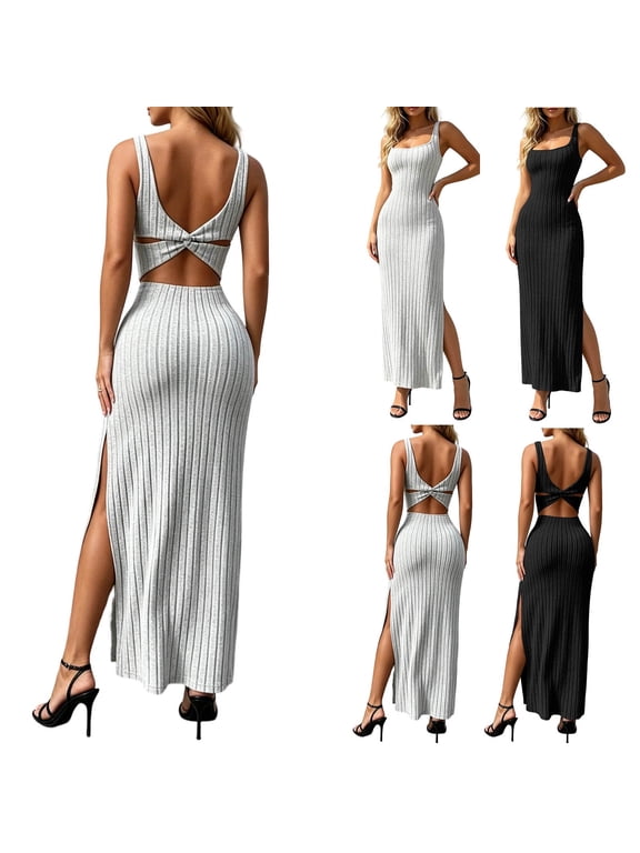 Women's Square Neck Maxi Dress Slit Sleeveless Backless Knitted Casual Summer Beach Party Vacation Long Dress