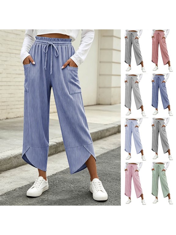 Women's Striped Cropped Wide Leg Pants Cotton Linen with Pockets Drawstring Elastic Waist Trousers Split Hem Loose Casual Bottoms