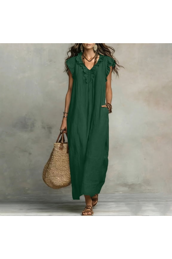 Women's Summer Casual Maxi Dresses Flutter Sleeve Ruffle Neck Loose Fit Boho Long Dresses