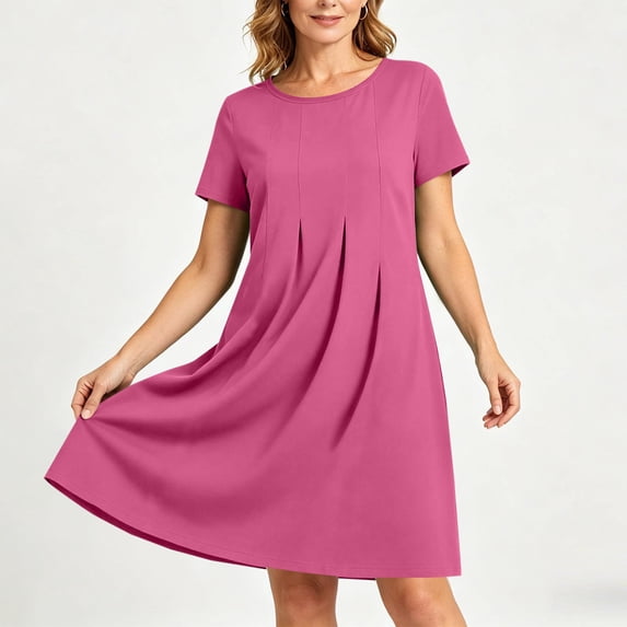 Noric Women's Summer Casual Short Sleeve Dress Solid Color Crew Neck Pleated Beach Vacation T-Shirt Dresses