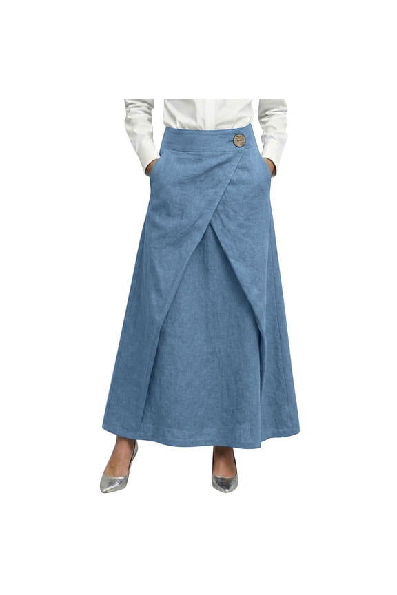 Women's Summer Casual Skirt Elastic Waist Linen A-Line Skirt Loose Fit Wrap Style Flared Length Maxi Skirt