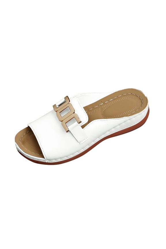 Women's Summer Toe Post Sandals Metal Buckle Casual Comfortable Wedge Slides Beach Shoes