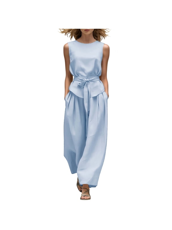 Women's Two-Piece Sets Crew Neck Sleeveless Wide-Leg Pants Tie-Waist Outfit with Pockets Busniess Summer Casual Suit Pants Sets