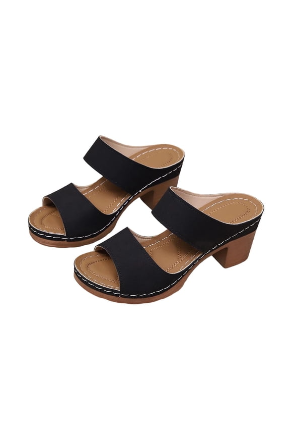 Women's Two Strap Block Heel Sandals Open Toe Slip On Chunky Heel Summer Vintage Platform Casual Dressy Slippers