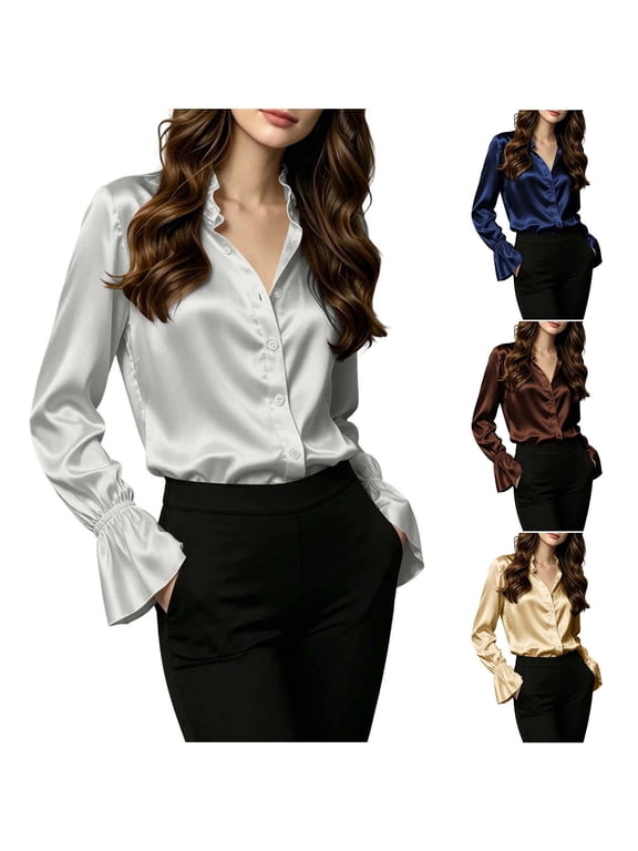 Women's V Neck Button Down Blouse Long Sleeve Flared Bell Sleeves Casual Business Office Workwear Tops