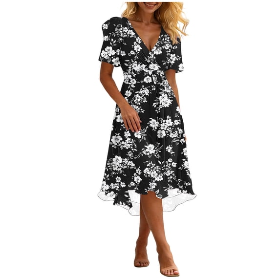 Noric Women's V-Neck Floral Print Midi Dresses Casual Flowy Short Sleeve Wrap Smocked Waist Outings A-Line Spring Summer Dresses with Pockets