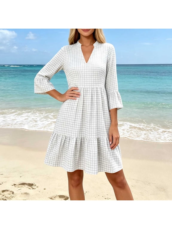 Women's V Neck Gingham Dresses Flared Sleeve Casual Summer Tiered Ruffle A Line Mini Sundress