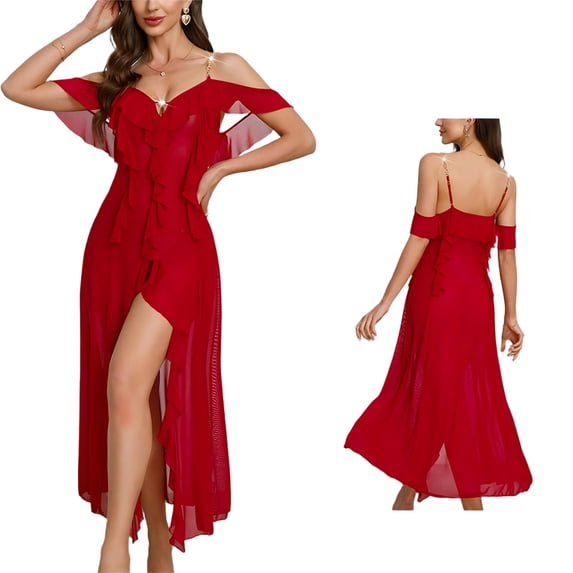 Noric Women's V-Neck Ruffle Strap Nightgowns Sheer Mesh Backless Sleep Dresses Sleepwear Soft Flowy Nightdress