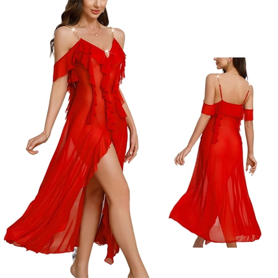 Noric Women's V-Neck Ruffle Strap Nightgowns Sheer Mesh Backless Sleep Dresses Sleepwear Soft Flowy Nightdress