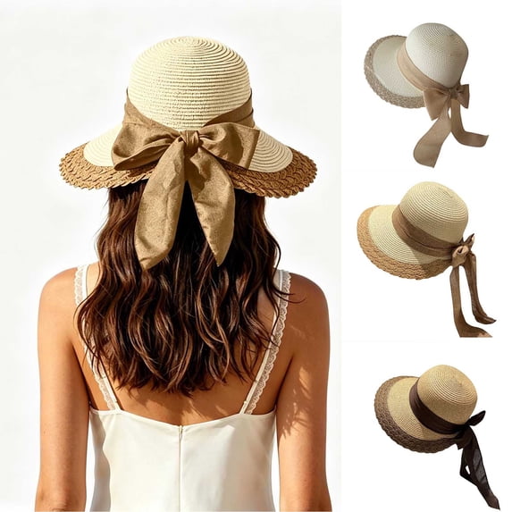 Noric Women's Wide Brim Sun Hat Summer Beach UV Protection with Big Bow Roll Up Edge Straw Hat