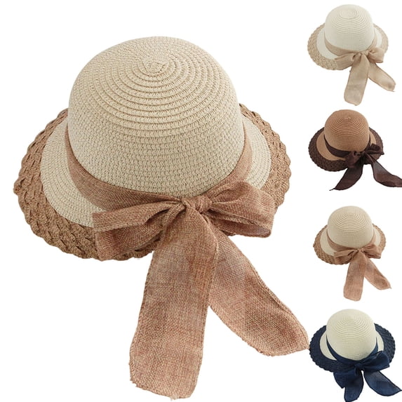 Noric Women's Wide Brim Sun Hat Summer Beanie with Big Bow Color Block UV Protection Beach Hat Vacation