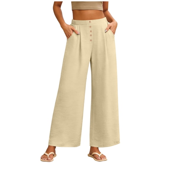 Noric Women's Wide Leg Palazzo Pants Button Back Stretch Waist Lightweight Breathable Boho Flowy Pants with Pockets