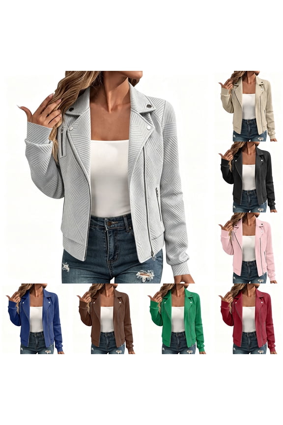 Women's Zip Up Jacket Long Sleeve Lapel Collar with Pockets Stylish Jacquard Casual Slim Fit Motorcycle Jacket for Spring Fall Winter