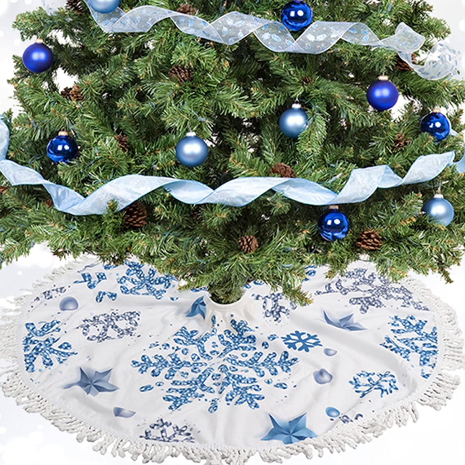 Norina 30 inch Small Christmas Tree Skirts Silver Blue Snowflake