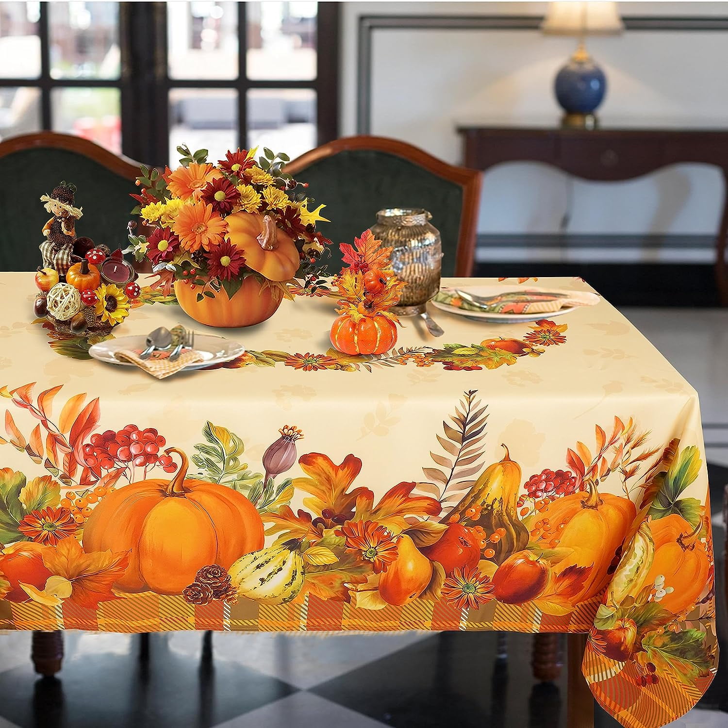 Norina Fall Thanksgiving Tablecloth, Pumpkin Maple Leaf Rectangle Table