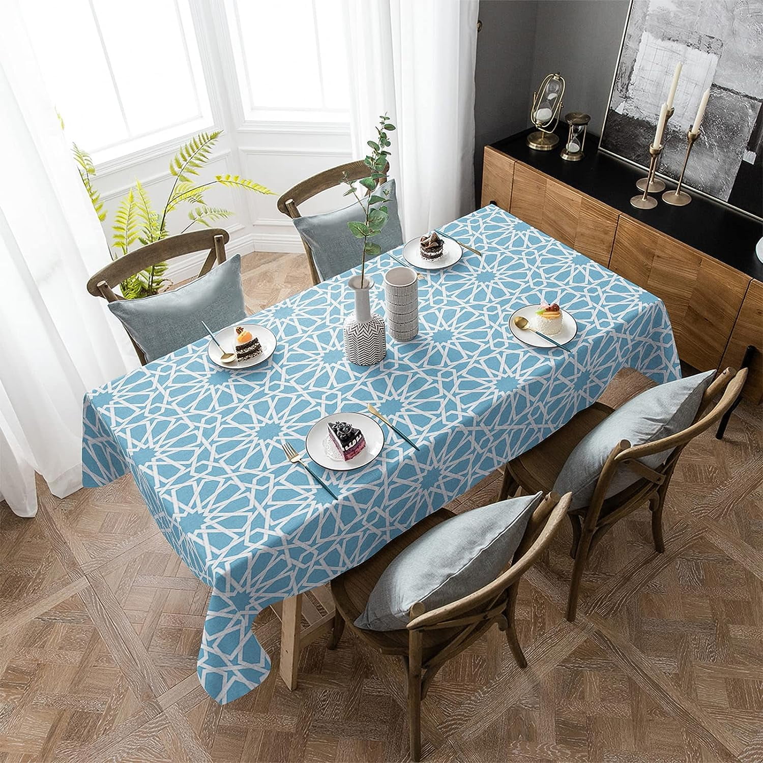 Norina Kitchen Dining Table Cloth Geometric White Lines Flower Texture
