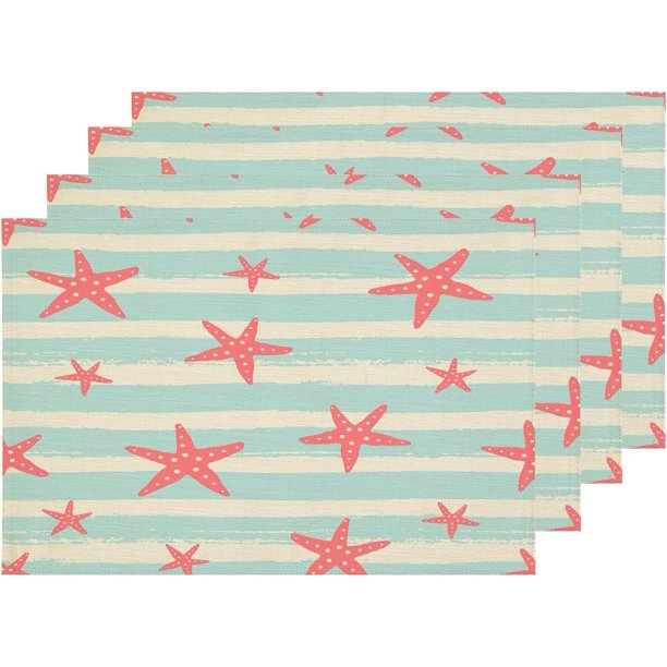 Norina Navy Blue Norina Starfish Placemats, White Grey Coastal Stripes
