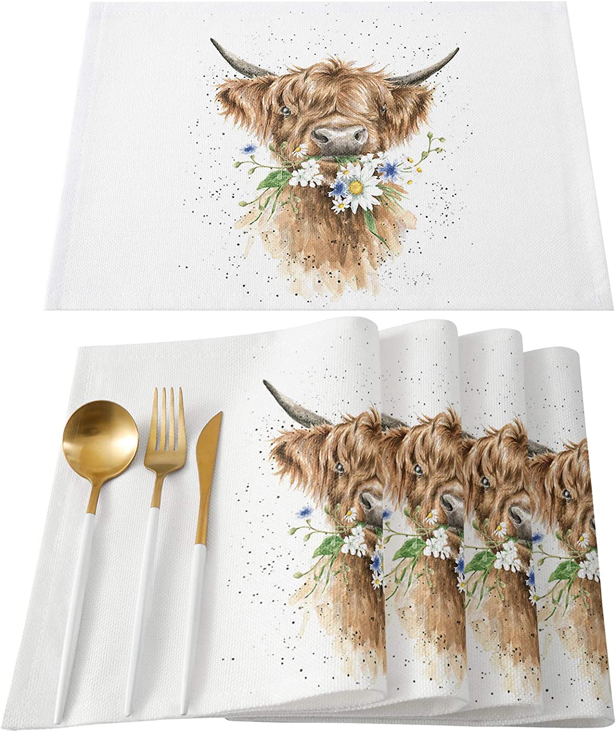 Norina Place Mats Set of 6 Washable Cloth Placemats Highland Cow with