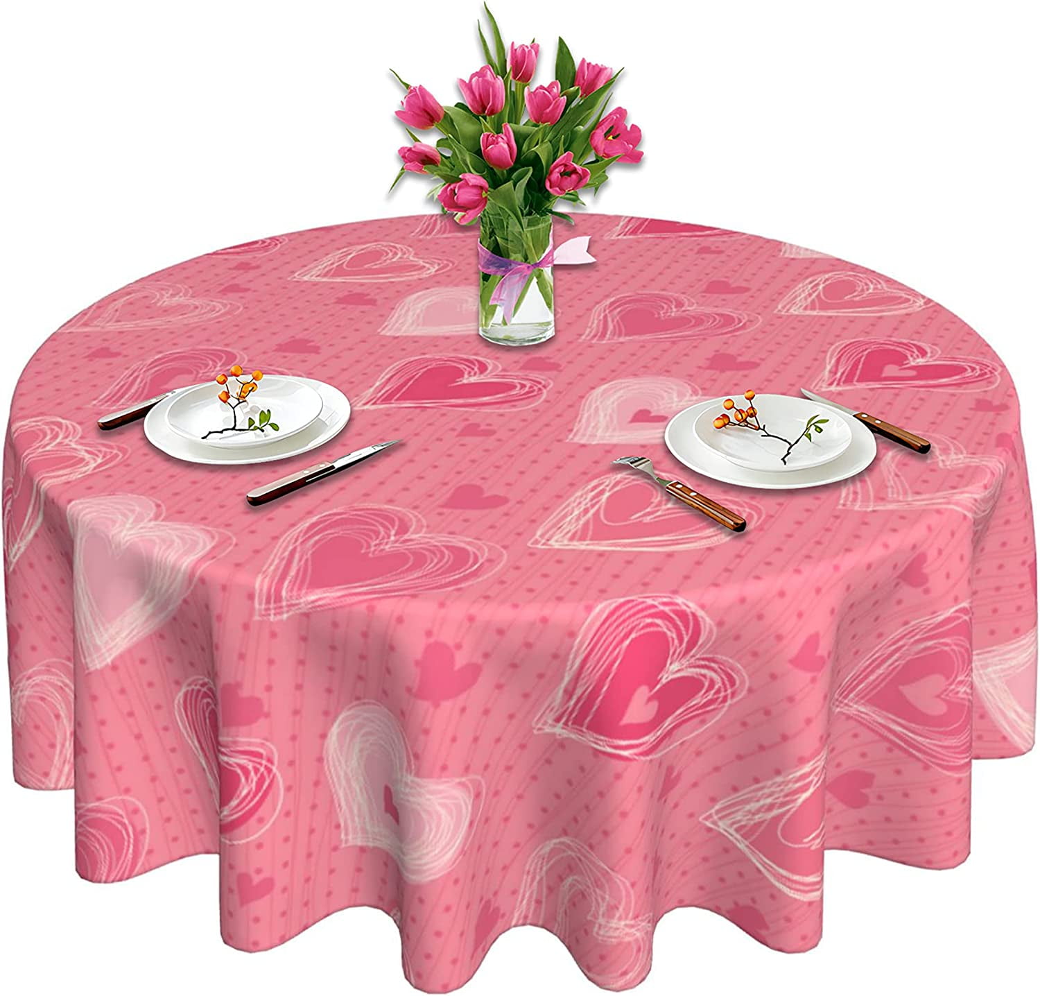 Norina Round Tablecloth 60 Inch, Spring Floral Green White Buffalo Plaid Table Cloth for Rustic