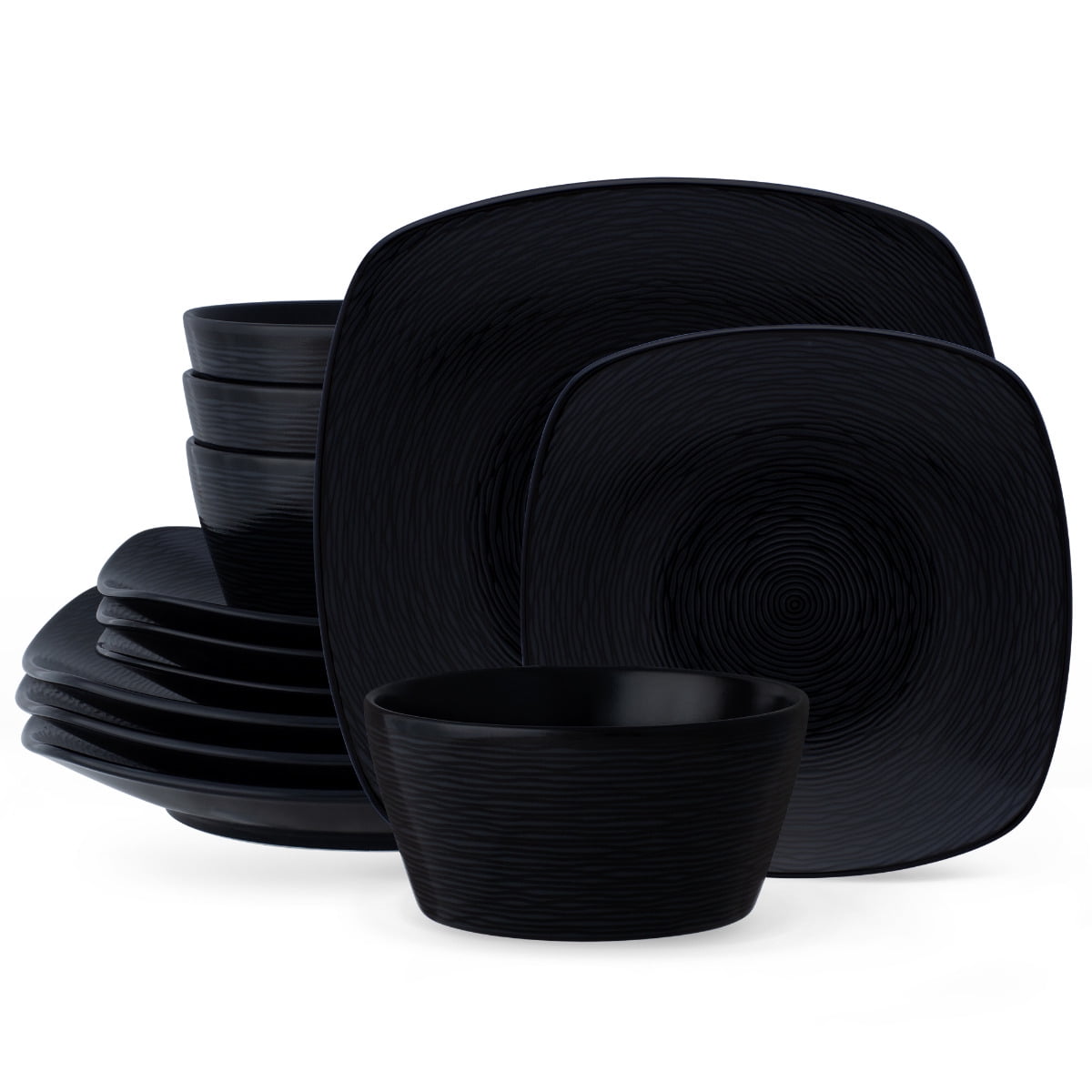 Noritake Colorscapes BoB Swirl (Black on Black) 12-Piece Square Dinnerware Set, Service for 4