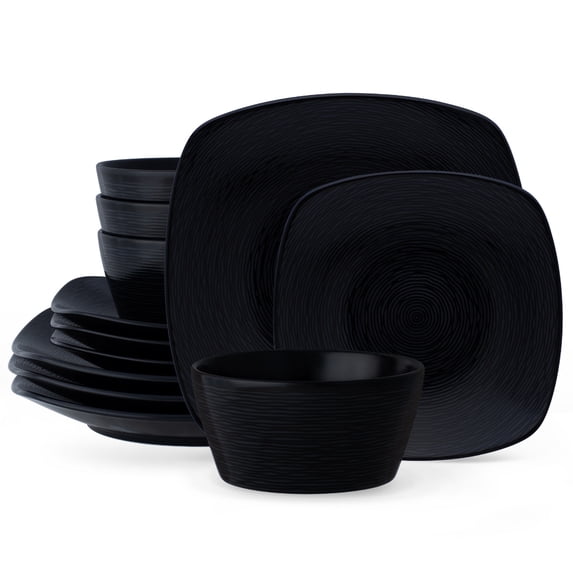 Noritake Colorscapes BoB Swirl (Black on Black) 12-Piece Square Dinnerware Set, Service for 4