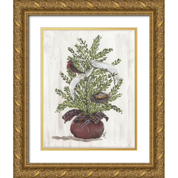 Norkus, Julie 19x24 Gold Ornate Wood Framed with Double Matting Museum Art Print Titled - Burlap Tree with Birdie And Nest