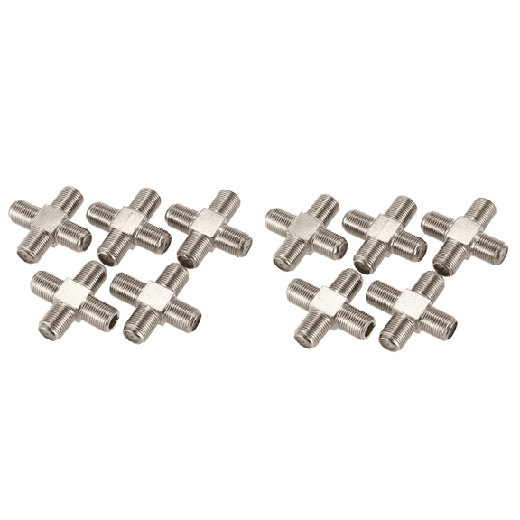 Norlix 10 Pack 4-Way F-Type Coaxial Cable Splitter Combiner, Female to 4 Female RG6 Bi-Directional TV Signal Adapter for Antenna and CATV, Silver