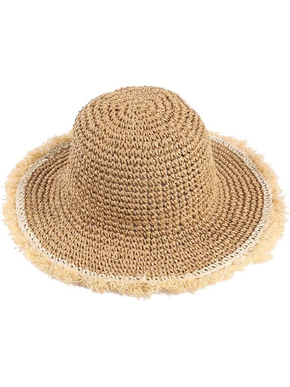 Generic Women's Frayed Wide Brim Straw Sun Hat Foldable Fringed Floppy Fedora (Khaki)