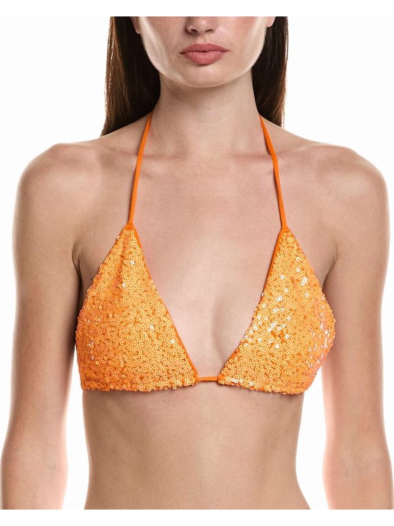 womens Petite Sequin String Bikini Top, l, Orange