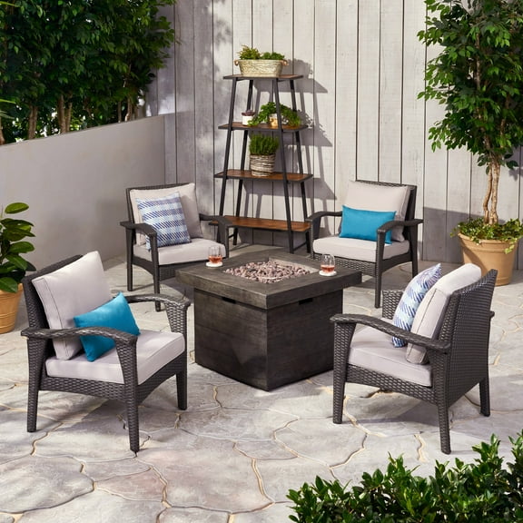 Norma Outdoor 4 Club Chair Chat Set with Fire Pit, Gray and Light Gray
