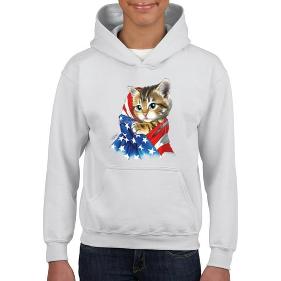 Normal is Boring - Big Girls Hoodies and Sweatshirts, up to Big Girls Size 24 - American Flag 4th of July Kitty