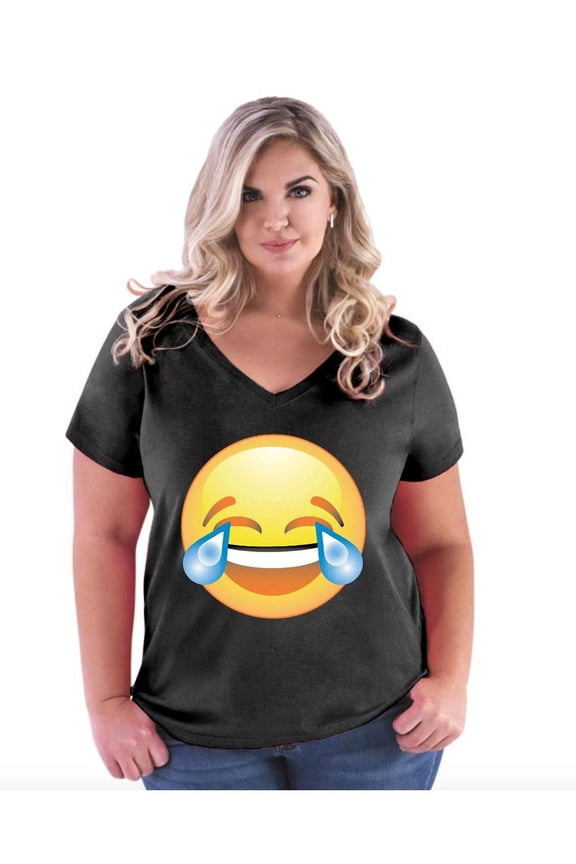 - Women's Plus Size V-neck T-Shirt, up to Size 28 - Emoji Laughing Tears