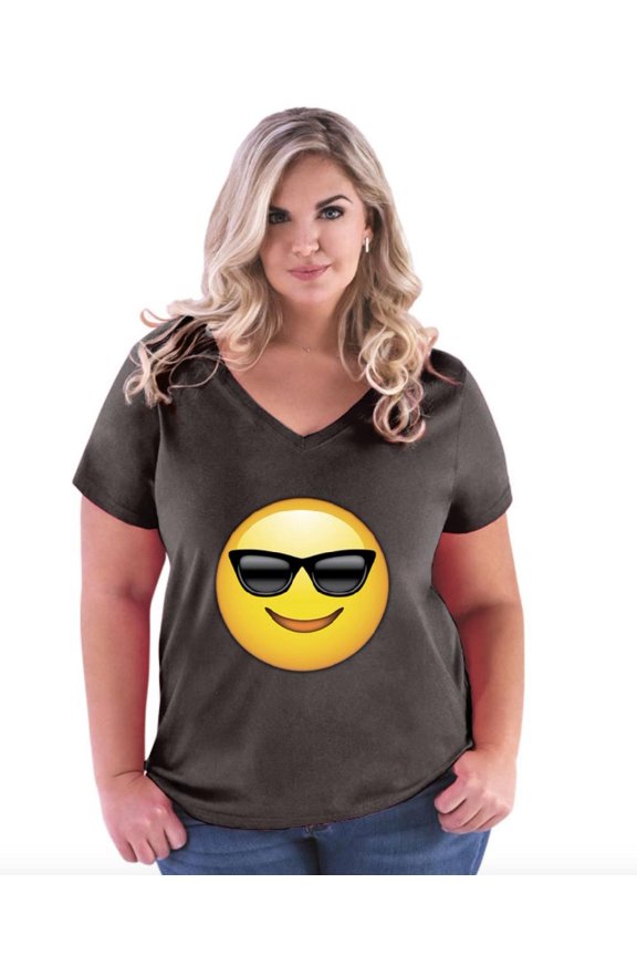 - Women's Plus Size V-neck T-Shirt, up to Size 28 - Emoji with Sunglasses