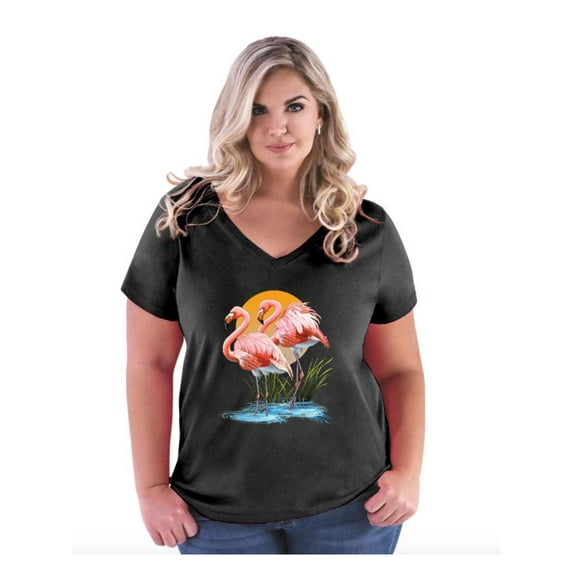 NIB - Women's Plus Size V-neck T-Shirt - Flamingo