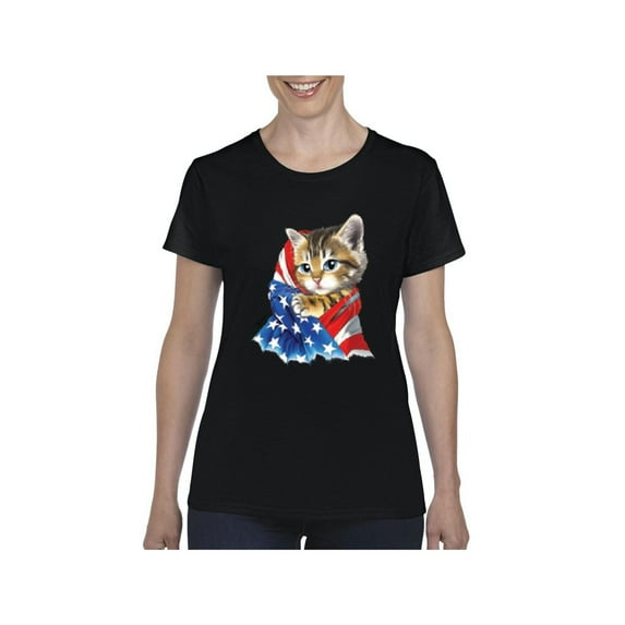Normal is Boring - Women's T-Shirt Short Sleeve, up to Women Size 3XL - American Flag 4th of July Kitty