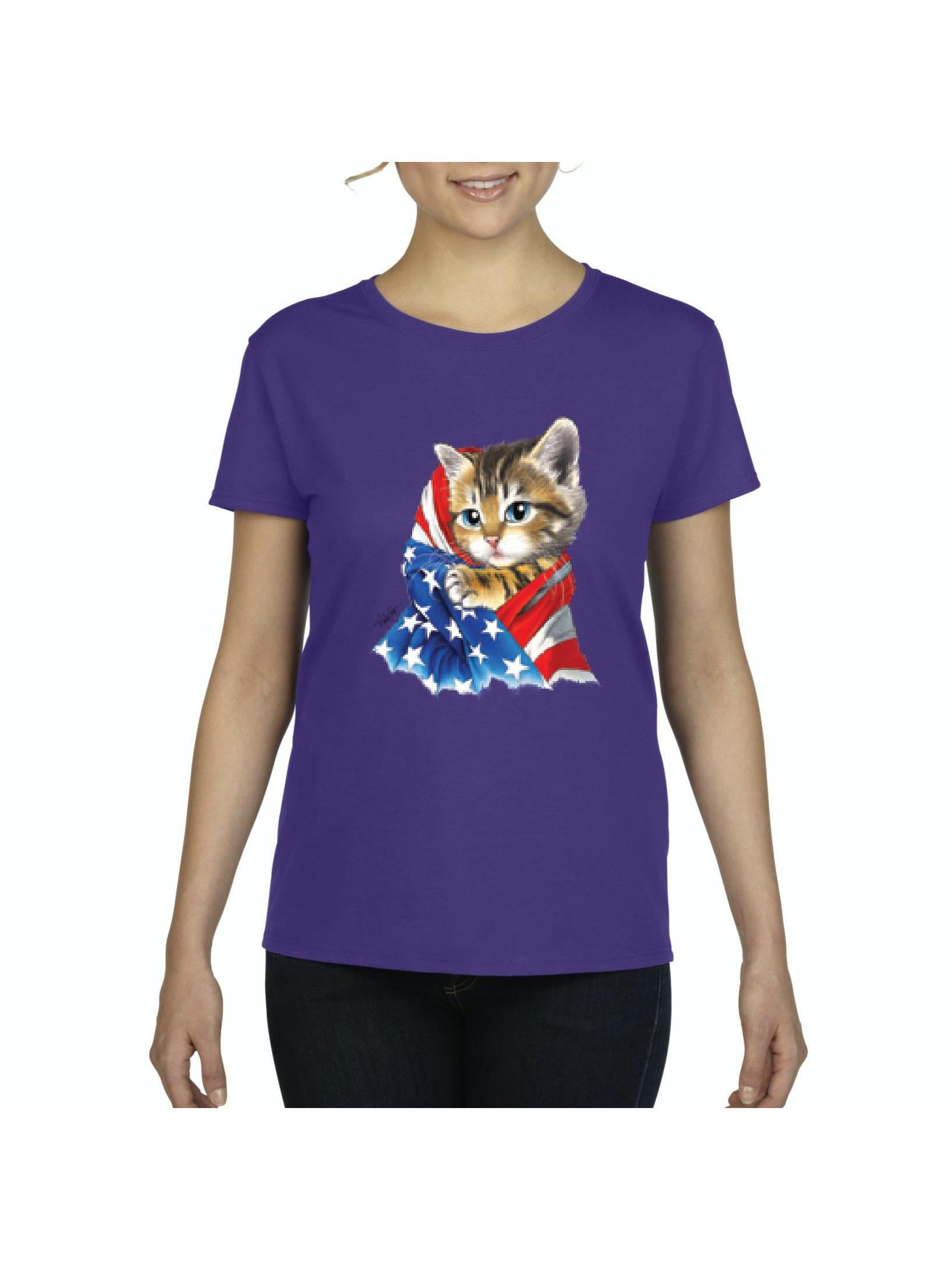 NIB - Women's T-Shirt Short Sleeve - American Flag 4th of July Kitty ...