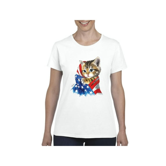Normal is Boring - Women's T-Shirt Short Sleeve, up to Women Size 3XL - American Flag 4th of July Kitty