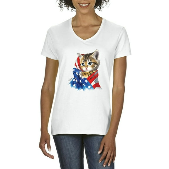 NIB - Women's T-Shirt V-Neck Short Sleeve - American Flag 4th of July Kitty