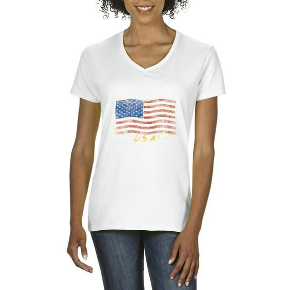 Normal is Boring - Women's T-Shirt V-Neck Short Sleeve, up to Women Size 3XL - American Flag USA in Gold