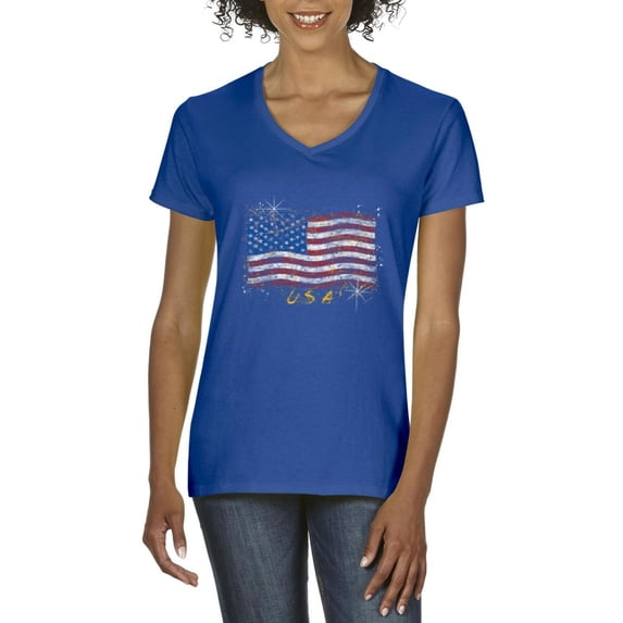 Normal is Boring - Women's T-Shirt V-Neck Short Sleeve, up to Women Size 3XL - American Flag USA in Gold